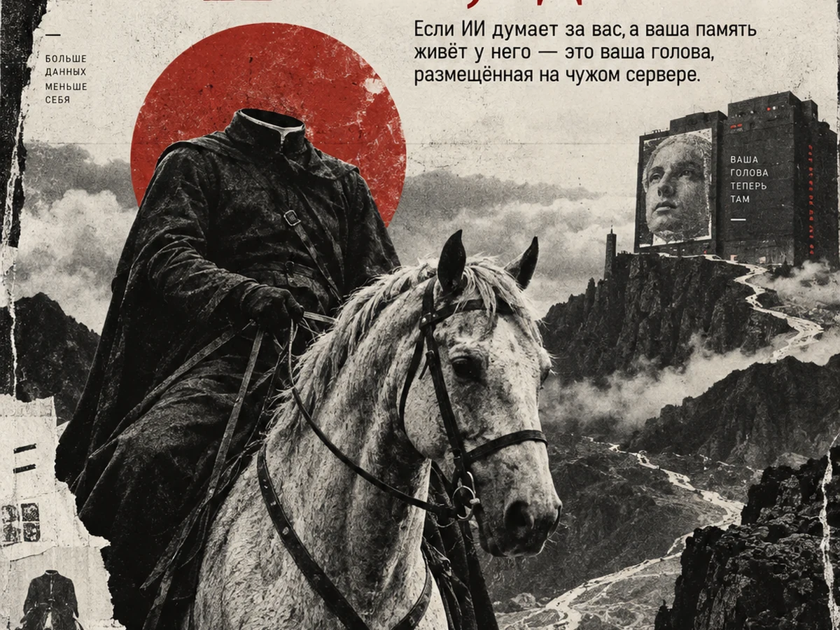 Безголовый всадник перед сервером с человеческим лицом — иллюстрация о памяти персонального ИИ